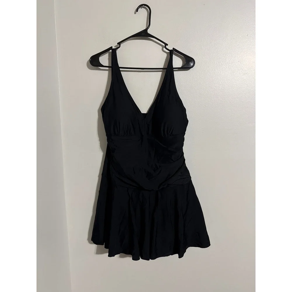 Shekini Women Black V-Neck Ruched One Piece Swimdress Swimsuit Size XL